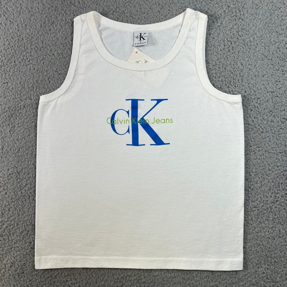 Calvin Klein Jeans Tank Top Women M White Logo Graphic Cotton‎ USA Made VTG NWT